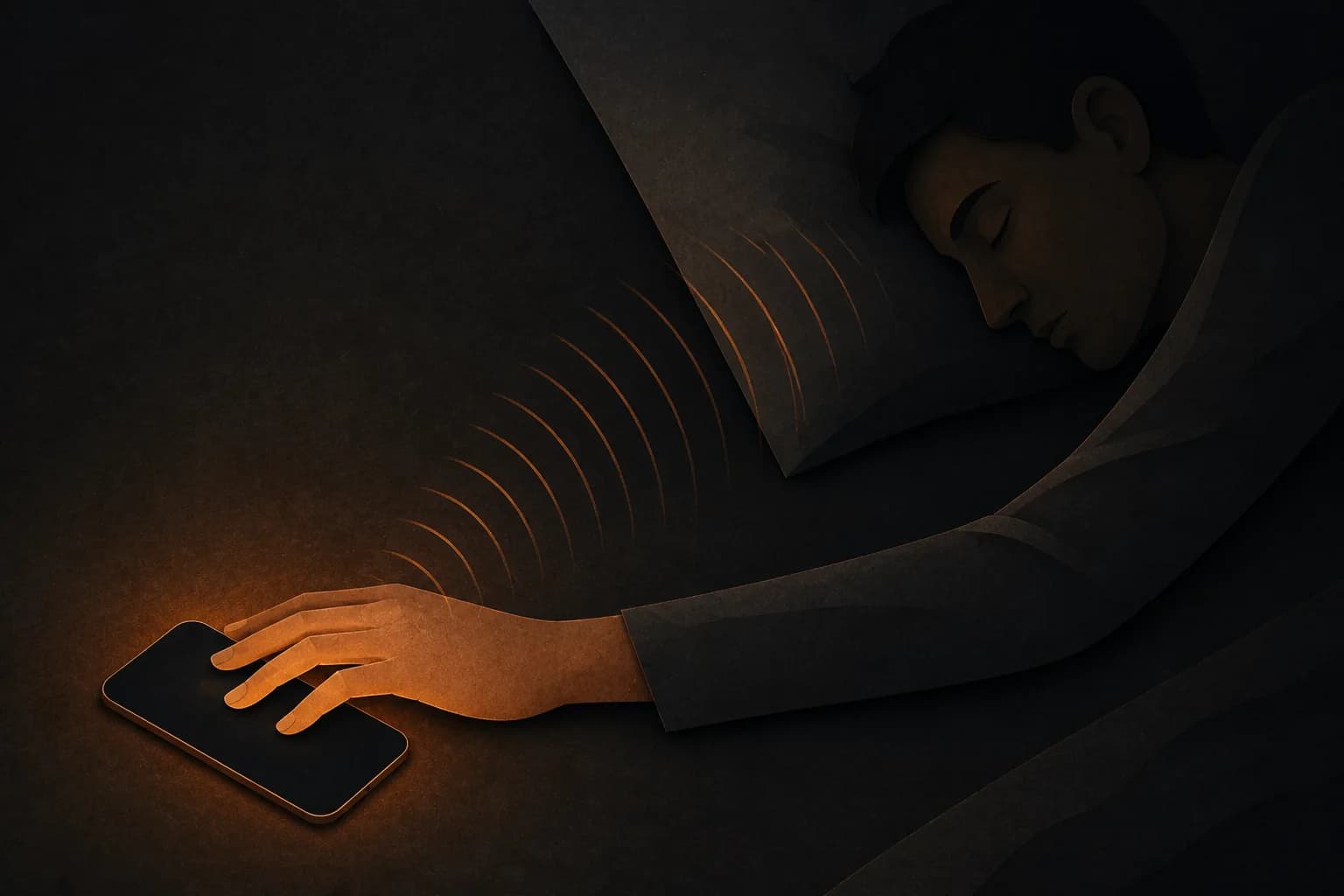 A sleeper's hand touches a phone while their face remains in darkness.