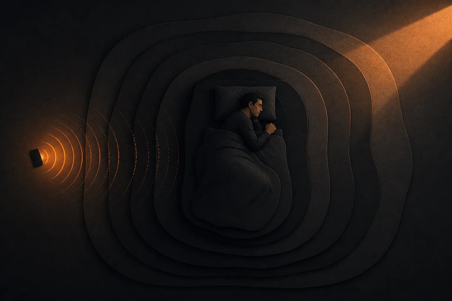 Amber alarm waves weaken across layers of bedding before reaching a sleeper.