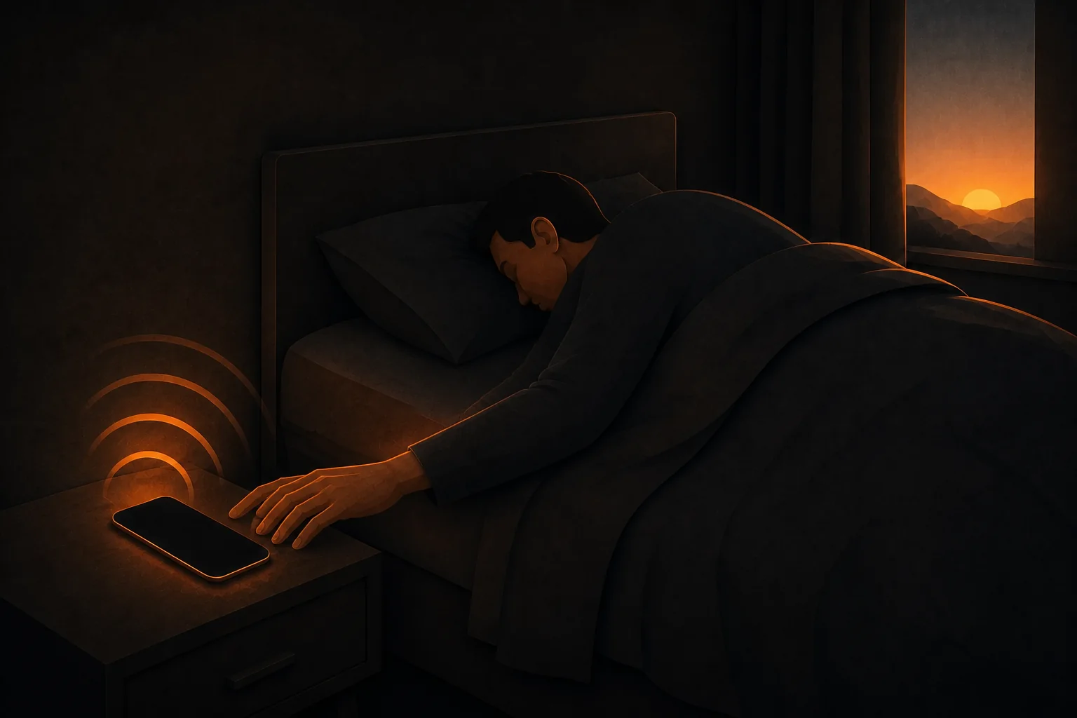 A sleeping person reaches toward a ringing phone as dawn brightens the room.